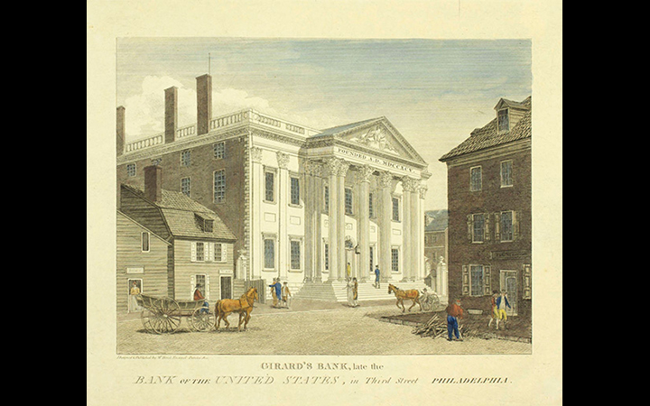 This 1830s painting titled 'Girard's Bank, late the Bank of the United States, in Third Street, Philadelphia' shows the building that housed the First Bank.